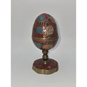 Vintage Solid Brass Red Cloisonne Enamel Egg‎ Trinket Box India